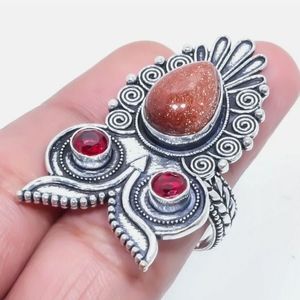 New Mystical Owl Garnet & Sun Sitara 925 Silver Ring.